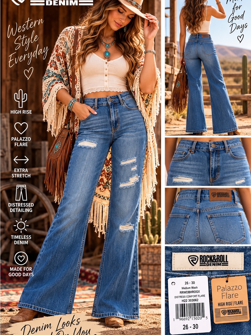 Rock & Roll Denim Palazzo Flare Distressed Jeans NWT | 26x30 MSRP 89.99